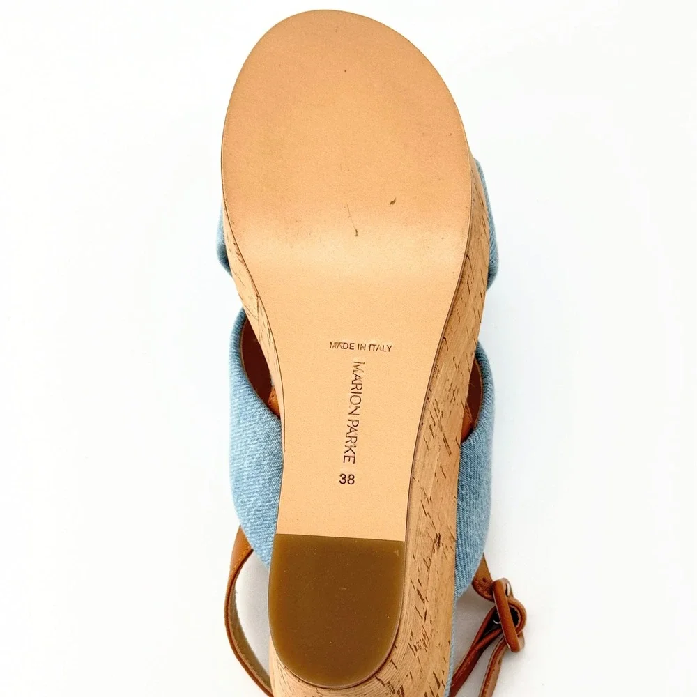 Marion Parke Maren Wedge Sandal Blue Denim Caramel Leather Cork IT 38 US 8